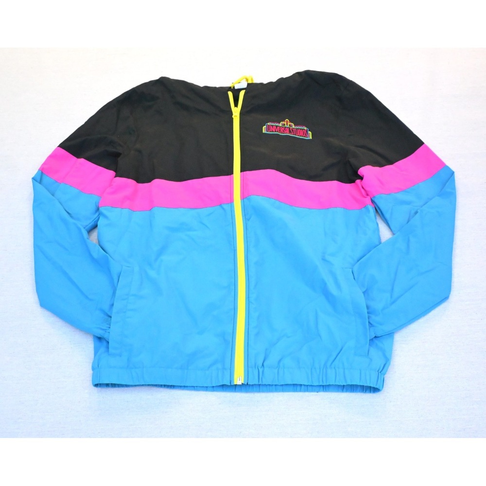 Universal Studios Size M Retro Colorblock Hooded Windbreaker Pink Blue Neon Zip